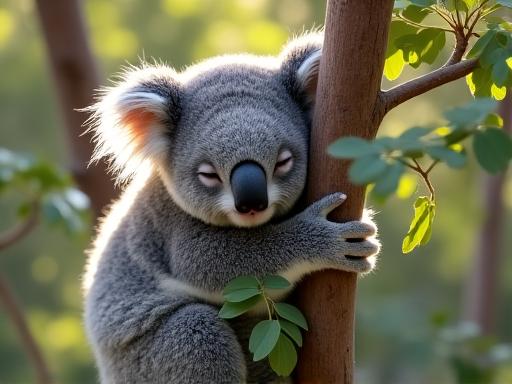A sleepy koala clinging to a eucalyptus tree branch.
