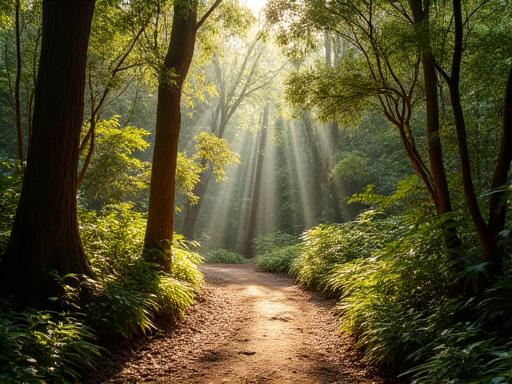 A dappled path winding through a dense Australian rainforest.